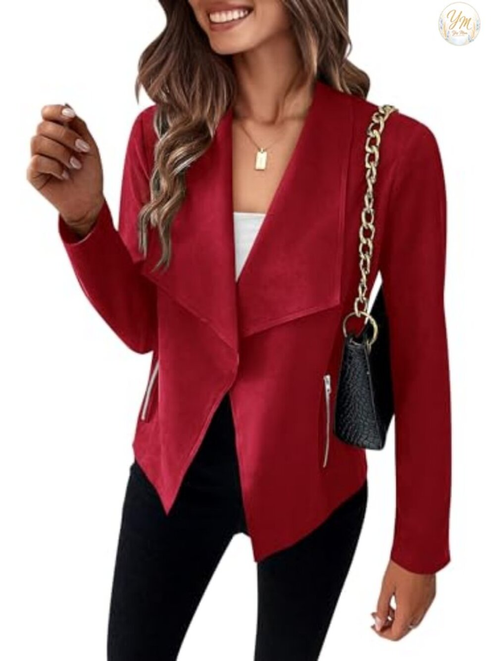 Women's Faux Suede Cropped Jacket Waterfall Collar Long Sleeve Open Front with